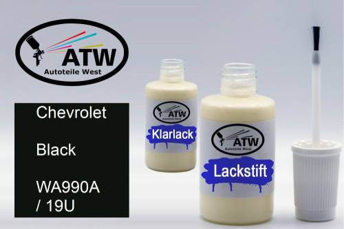 Chevrolet, Black, WA990A / 19U: 20ml Lackstift + 20ml Klarlack - Set, von ATW Autoteile West.